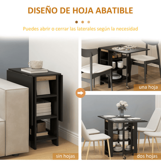 HOMCOM Mesa de Cozinha com Laterais Dobráveis Mesa de Refeição com 2 Rodas e Prateleiras Estilo Moderno 120x60x75 cm Preto
