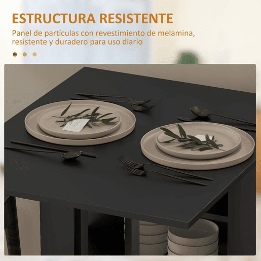 HOMCOM Mesa de Cozinha com Laterais Dobráveis Mesa de Refeição com 2 Rodas e Prateleiras Estilo Moderno 120x60x75 cm Preto