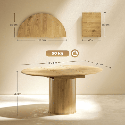 HOMCOM Mesa de Jantar Extensível Redonda 110-150 cm Mesa de Cozinha Extensível para 6-8 Pessoas com Base Estriada para Sala de Estar 110-150x110x75 cm Madeira