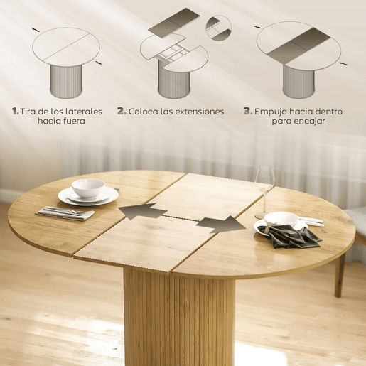 HOMCOM Mesa de Jantar Extensível Redonda 110-150 cm Mesa de Cozinha Extensível para 6-8 Pessoas com Base Estriada para Sala de Estar 110-150x110x75 cm Madeira