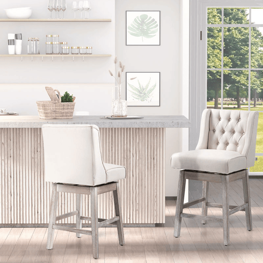 HOMCOM Conjunto de 2 Bancos de Bar com Encosto Giratórios 180° Bancos Altos de Cozinha com Apoio para Pés e Pés de Madeira para Sala de Jantar 45,7x57,2x101 cm Bege