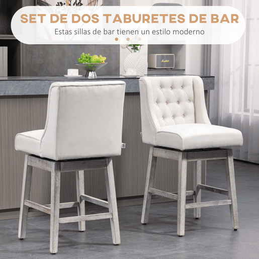 HOMCOM Conjunto de 2 Bancos de Bar com Encosto Giratórios 180° Bancos Altos de Cozinha com Apoio para Pés e Pés de Madeira para Sala de Jantar 45,7x57,2x101 cm Bege