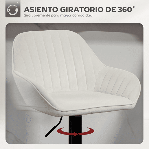 HOMCOM Conjunto de 2 Bancos de Bar Giratórios Bancos Altos de Cozinha com Altura Ajustável 87-107 cm Cadeiras Altas de Cozinha Estofadas em Veludo Encosto e Apoio para Pés Creme