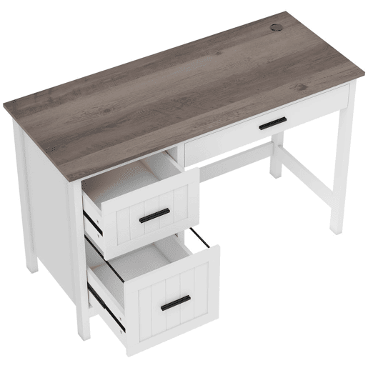 HOMCOM Secretária Rústica 120x50 cm Mesa de Secretária com 3 Gavetas e Bancada com Efeito Madeira Mesa para Computador para Estudo Escritório em Casa Branco
