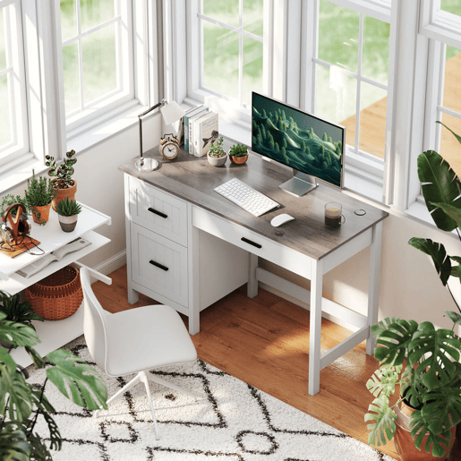 HOMCOM Secretária Rústica 120x50 cm Mesa de Secretária com 3 Gavetas e Bancada com Efeito Madeira Mesa para Computador para Estudo Escritório em Casa Branco