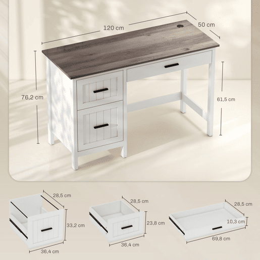 HOMCOM Secretária Rústica 120x50 cm Mesa de Secretária com 3 Gavetas e Bancada com Efeito Madeira Mesa para Computador para Estudo Escritório em Casa Branco