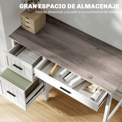HOMCOM Secretária Rústica 120x50 cm Mesa de Secretária com 3 Gavetas e Bancada com Efeito Madeira Mesa para Computador para Estudo Escritório em Casa Branco
