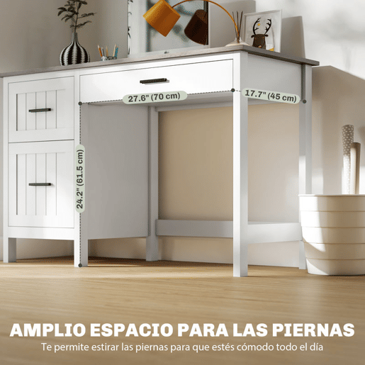 HOMCOM Secretária Rústica 120x50 cm Mesa de Secretária com 3 Gavetas e Bancada com Efeito Madeira Mesa para Computador para Estudo Escritório em Casa Branco