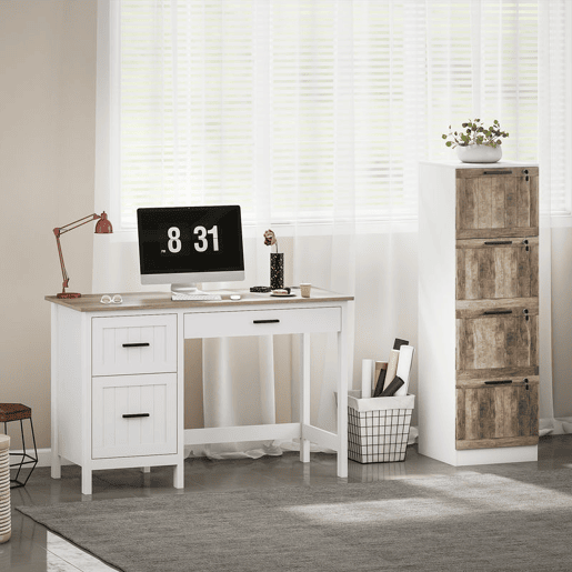 HOMCOM Secretária Rústica 120x50 cm Mesa de Secretária com 3 Gavetas e Bancada com Efeito Madeira Mesa para Computador para Estudo Escritório em Casa Branco