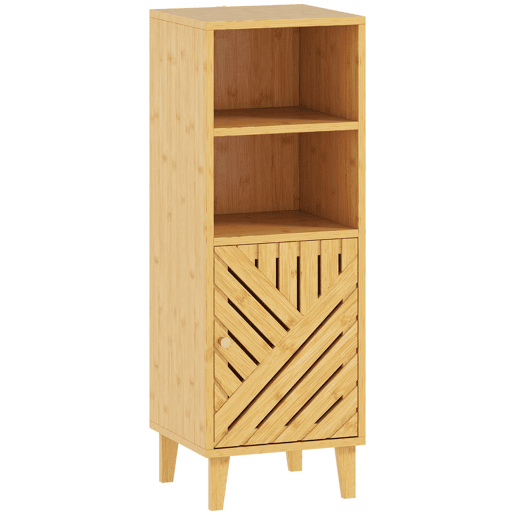 HOMCOM Armário de Casa de Banho Estreito Móvel Auxiliar de Casa de Banho 32x30x90 cm com 2 Prateleiras Abertas Porta e Pés de Bambu Estilo Moderno para Espaços Pequenos Madeira