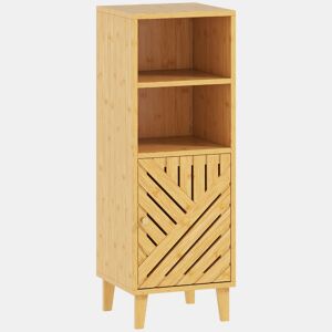 HOMCOM Armário de Casa de Banho Estreito Móvel Auxiliar de Casa de Banho 32x30x90 cm com 2 Prateleiras Abertas Porta e Pés de Bambu Estilo Moderno para Espaços Pequenos Madeira