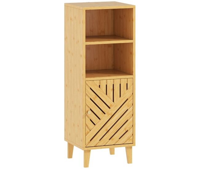 Homcom armario de baño estrecho mueble auxiliar de baño 32x30x90 cm con 2 estantes abiertos puerta y patas de bambú estilo moderno para espacios pequeños natural