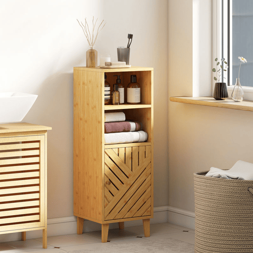 HOMCOM Armário de Casa de Banho Estreito Móvel Auxiliar de Casa de Banho 32x30x90 cm com 2 Prateleiras Abertas Porta e Pés de Bambu Estilo Moderno para Espaços Pequenos Madeira