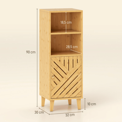 HOMCOM Armário de Casa de Banho Estreito Móvel Auxiliar de Casa de Banho 32x30x90 cm com 2 Prateleiras Abertas Porta e Pés de Bambu Estilo Moderno para Espaços Pequenos Madeira