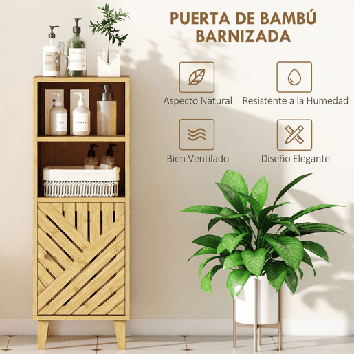 HOMCOM Armário de Casa de Banho Estreito Móvel Auxiliar de Casa de Banho 32x30x90 cm com 2 Prateleiras Abertas Porta e Pés de Bambu Estilo Moderno para Espaços Pequenos Madeira