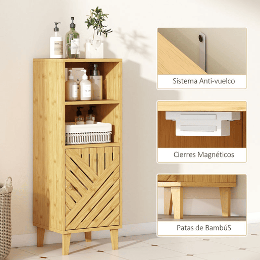 HOMCOM Armário de Casa de Banho Estreito Móvel Auxiliar de Casa de Banho 32x30x90 cm com 2 Prateleiras Abertas Porta e Pés de Bambu Estilo Moderno para Espaços Pequenos Madeira