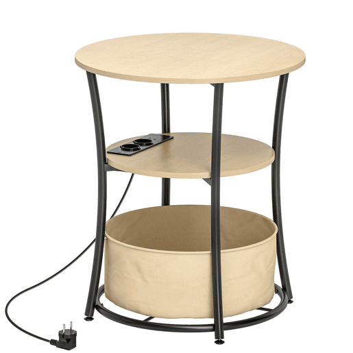 HOMCOM Mesa Auxiliar Redonda de 3 Níveis com Estação de Carregamento Mesa Auxiliar Industrial com 2 Prateleiras Abertas Bolsa de Armazenamento para Sala Quarto Biblioteca Ø50x55,1 cm Madeira e Preto