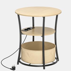 HOMCOM Mesa Auxiliar Redonda de 3 Níveis com Estação de Carregamento Mesa Auxiliar Industrial com 2 Prateleiras Abertas Bolsa de Armazenamento para Sala Quarto Biblioteca Ø50x55,1 cm Madeira e Preto