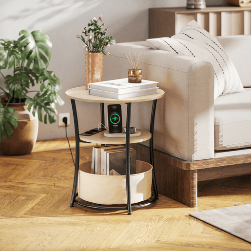 HOMCOM Mesa Auxiliar Redonda de 3 Níveis com Estação de Carregamento Mesa Auxiliar Industrial com 2 Prateleiras Abertas Bolsa de Armazenamento para Sala Quarto Biblioteca Ø50x55,1 cm Madeira e Preto