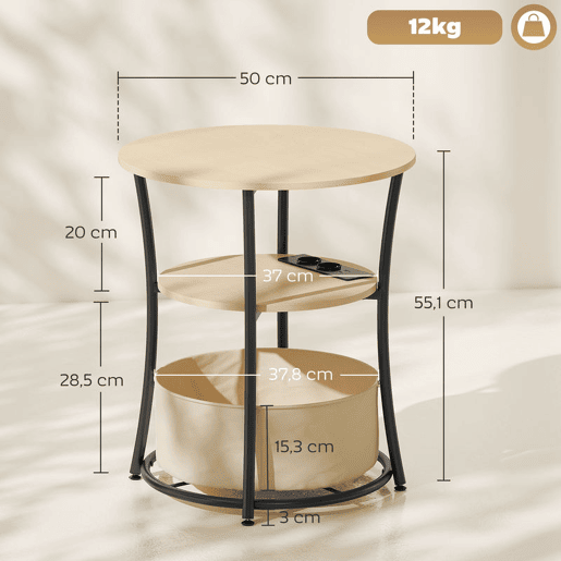HOMCOM Mesa Auxiliar Redonda de 3 Níveis com Estação de Carregamento Mesa Auxiliar Industrial com 2 Prateleiras Abertas Bolsa de Armazenamento para Sala Quarto Biblioteca Ø50x55,1 cm Madeira e Preto