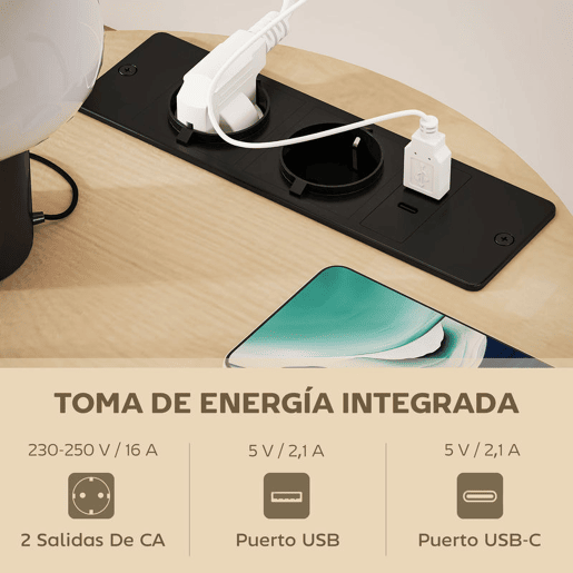 HOMCOM Mesa Auxiliar Redonda de 3 Níveis com Estação de Carregamento Mesa Auxiliar Industrial com 2 Prateleiras Abertas Bolsa de Armazenamento para Sala Quarto Biblioteca Ø50x55,1 cm Madeira e Preto