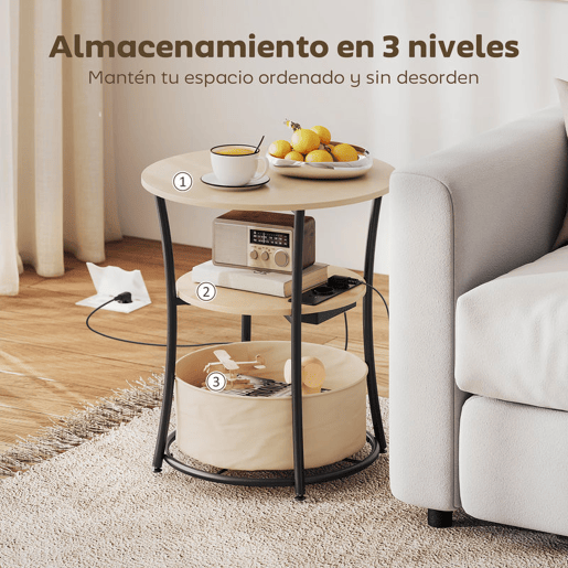 HOMCOM Mesa Auxiliar Redonda de 3 Níveis com Estação de Carregamento Mesa Auxiliar Industrial com 2 Prateleiras Abertas Bolsa de Armazenamento para Sala Quarto Biblioteca Ø50x55,1 cm Madeira e Preto