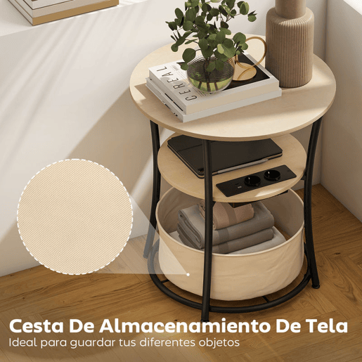 HOMCOM Mesa Auxiliar Redonda de 3 Níveis com Estação de Carregamento Mesa Auxiliar Industrial com 2 Prateleiras Abertas Bolsa de Armazenamento para Sala Quarto Biblioteca Ø50x55,1 cm Madeira e Preto