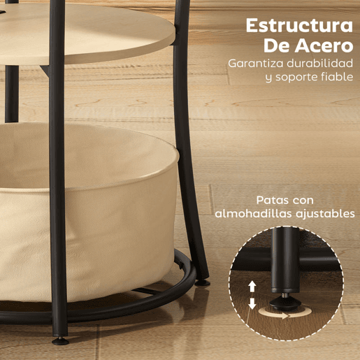 HOMCOM Mesa Auxiliar Redonda de 3 Níveis com Estação de Carregamento Mesa Auxiliar Industrial com 2 Prateleiras Abertas Bolsa de Armazenamento para Sala Quarto Biblioteca Ø50x55,1 cm Madeira e Preto