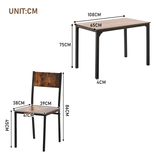 Conjunto de sala de jantar com 4 cadeiras - Mesa para varanda, sala de jantar e sala de estar - Vintage castanho
