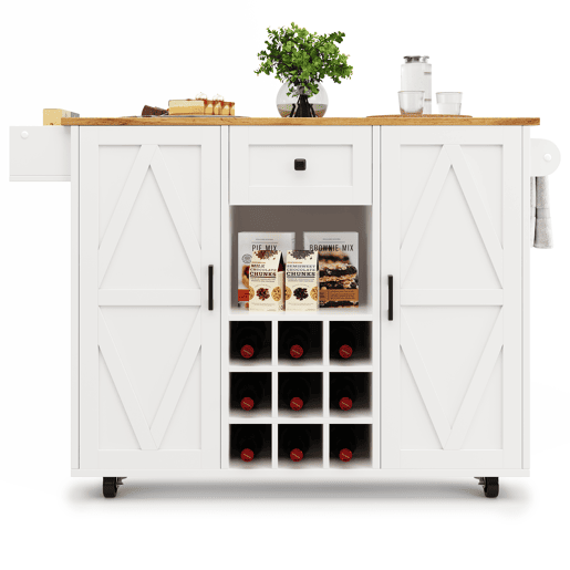 Ilha de cozinha moderna - Armário de cozinha - Móvel buffet - Carrinho de cozinha com acabamento em madeira - Mesa multifuncional com arrumação - Carrinho de cozinha com prateleiras para snacks e armários com função extensível - Branco