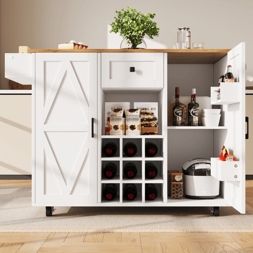 Ilha de cozinha moderna - Armário de cozinha - Móvel buffet - Carrinho de cozinha com acabamento em madeira - Mesa multifuncional com arrumação - Carrinho de cozinha com prateleiras para snacks e armários com função extensível - Branco