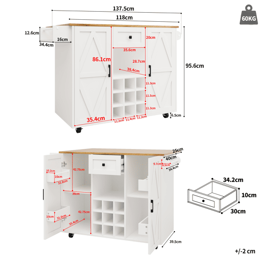 Ilha de cozinha moderna - Armário de cozinha - Móvel buffet - Carrinho de cozinha com acabamento em madeira - Mesa multifuncional com arrumação - Carrinho de cozinha com prateleiras para snacks e armários com função extensível - Branco