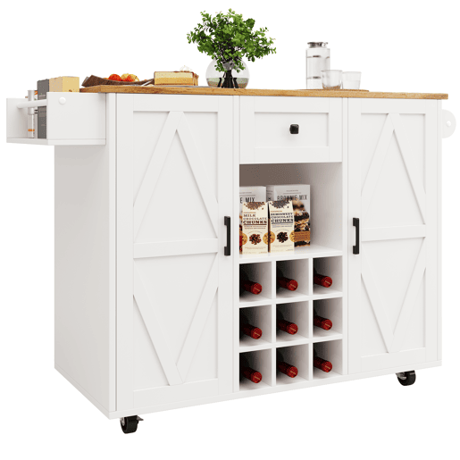 Ilha de cozinha moderna - Armário de cozinha - Móvel buffet - Carrinho de cozinha com acabamento em madeira - Mesa multifuncional com arrumação - Carrinho de cozinha com prateleiras para snacks e armários com função extensível - Branco