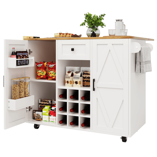 Ilha de cozinha moderna - Armário de cozinha - Móvel buffet - Carrinho de cozinha com acabamento em madeira - Mesa multifuncional com arrumação - Carrinho de cozinha com prateleiras para snacks e armários com função extensível - Branco