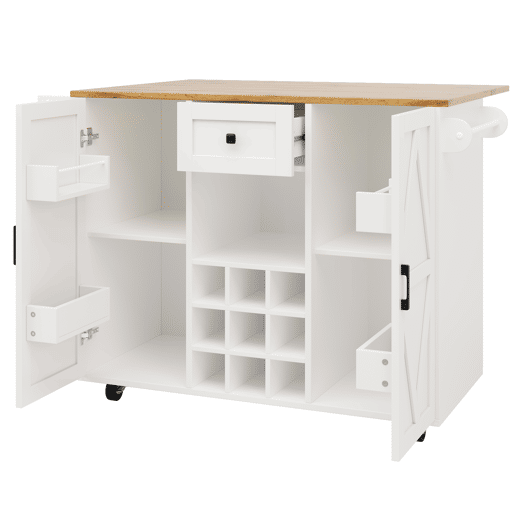 Ilha de cozinha moderna - Armário de cozinha - Móvel buffet - Carrinho de cozinha com acabamento em madeira - Mesa multifuncional com arrumação - Carrinho de cozinha com prateleiras para snacks e armários com função extensível - Branco