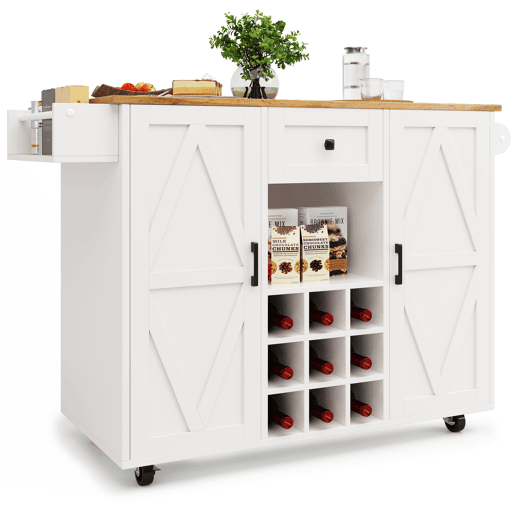 Ilha de cozinha moderna - Armário de cozinha - Móvel buffet - Carrinho de cozinha com acabamento em madeira - Mesa multifuncional com arrumação - Carrinho de cozinha com prateleiras para snacks e armários com função extensível - Branco