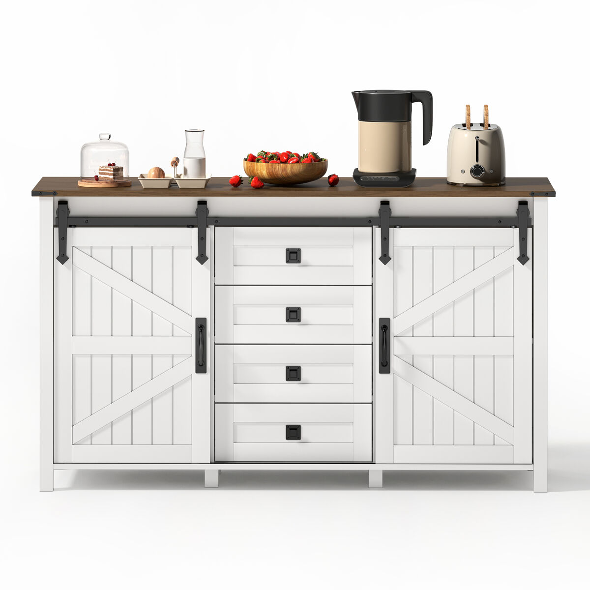 Aparador 137 cm - con puertas correderas y 4 cajones, estilo vintage, mueble de almacenamiento - blanco