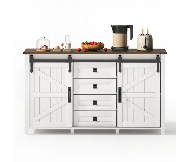 Aparador 137 cm - con puertas correderas y 4 cajones, estilo vintage, mueble de almacenamiento - blanco