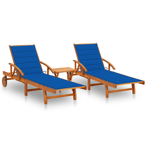 Conjunto de 2 espreguiçadeiras espreguiçadeira para banhos de sol jardim cama terraço mobiliário de exterior com mesa e almofadas acácia maciça 02_0012115