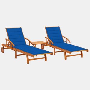 Conjunto de 2 espreguiçadeiras espreguiçadeira para banhos de sol jardim cama terraço mobiliário de exterior com mesa e almofadas acácia maciça 02_0012115