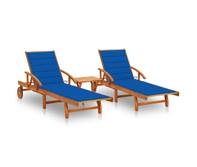 Juego de 2 tumbonas tumbona para tomar el sol cama de jardín terraza muebles de exterior con mesa y cojines de acacia maciza 02_0012115