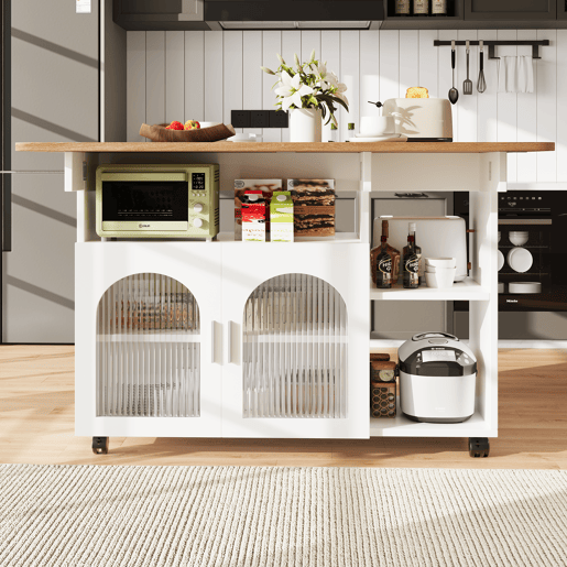 Ilha de cozinha moderna - Multifuncional com espaço de armazenamento - Branco+Natural+Prata