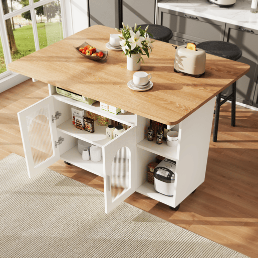 Ilha de cozinha moderna - Multifuncional com espaço de armazenamento - Branco+Natural+Prata