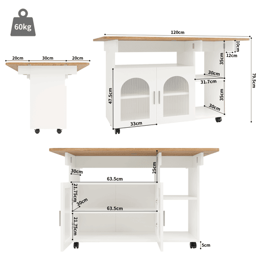 Ilha de cozinha moderna - Multifuncional com espaço de armazenamento - Branco+Natural+Prata