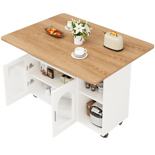 Ilha de cozinha moderna - Multifuncional com espaço de armazenamento - Branco+Natural+Prata