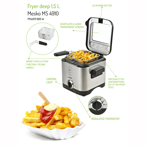 Mesko MS4910 Fritadeira Eléctrica a óleo 1,5 Litros Pequena, Frigideira Antiaderente, Filtro Anti-odor, 900,