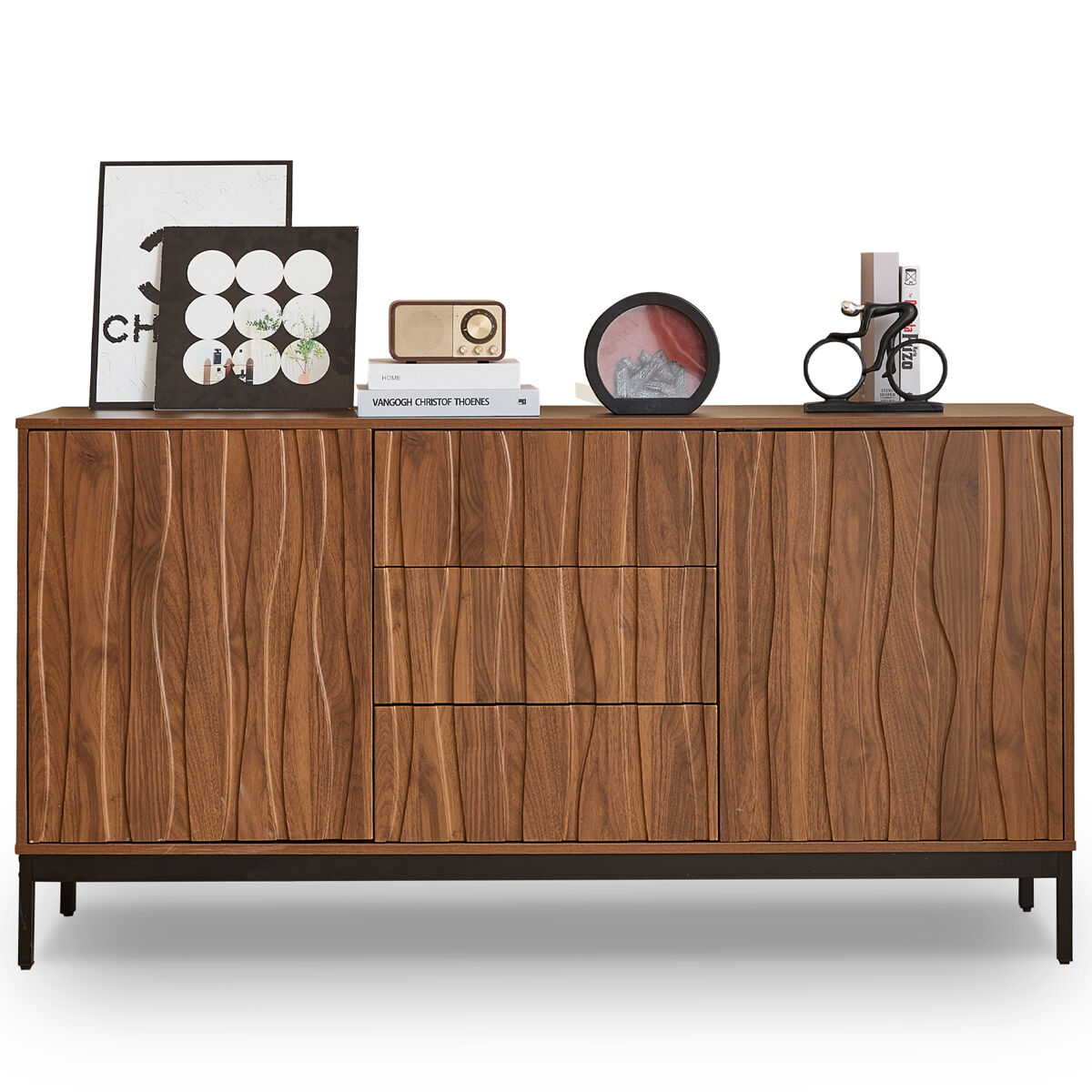 Sideboard 150 cm - 3 cajones, gran armario decorativo, diseño mid century modern - madera oscura