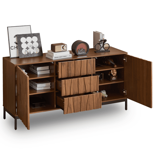 Aparador 150 cm - 3 gavetas, grande armário decorativo, design Mid Century Modern - Madeira escura