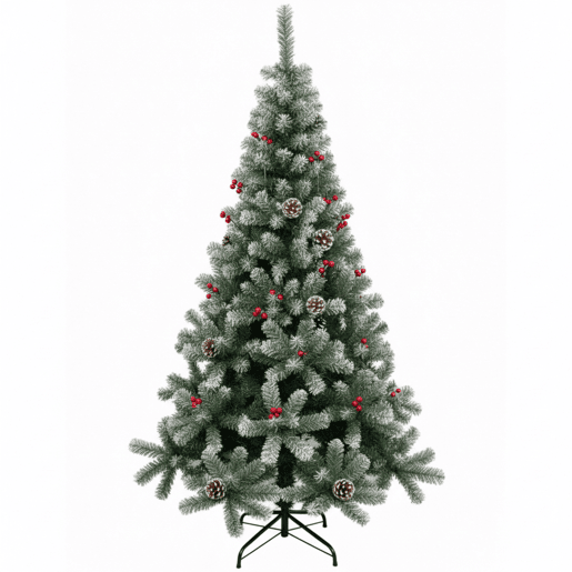 Árvore de Natal com pinheiro nevado de 180 cm com enfeite de pinha, frutas vermelhas e neve