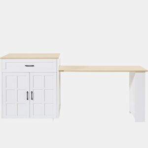 Mesa de bar extensível 133-202×70×93,5 cm - com duas gavetas, quatro compartimentos e prateleiras laterais - Branco